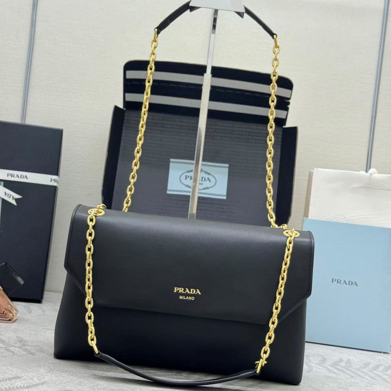 Prada Doux Medium Leather Shoulder Bag Black Calfskin