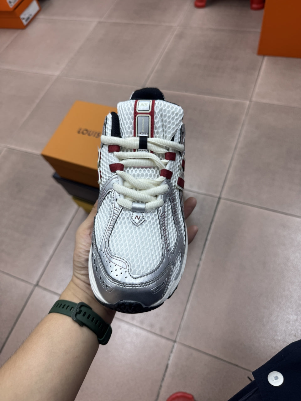 New Balance 1906R Low in the Silver Classic Crimson Mesh Calfskin