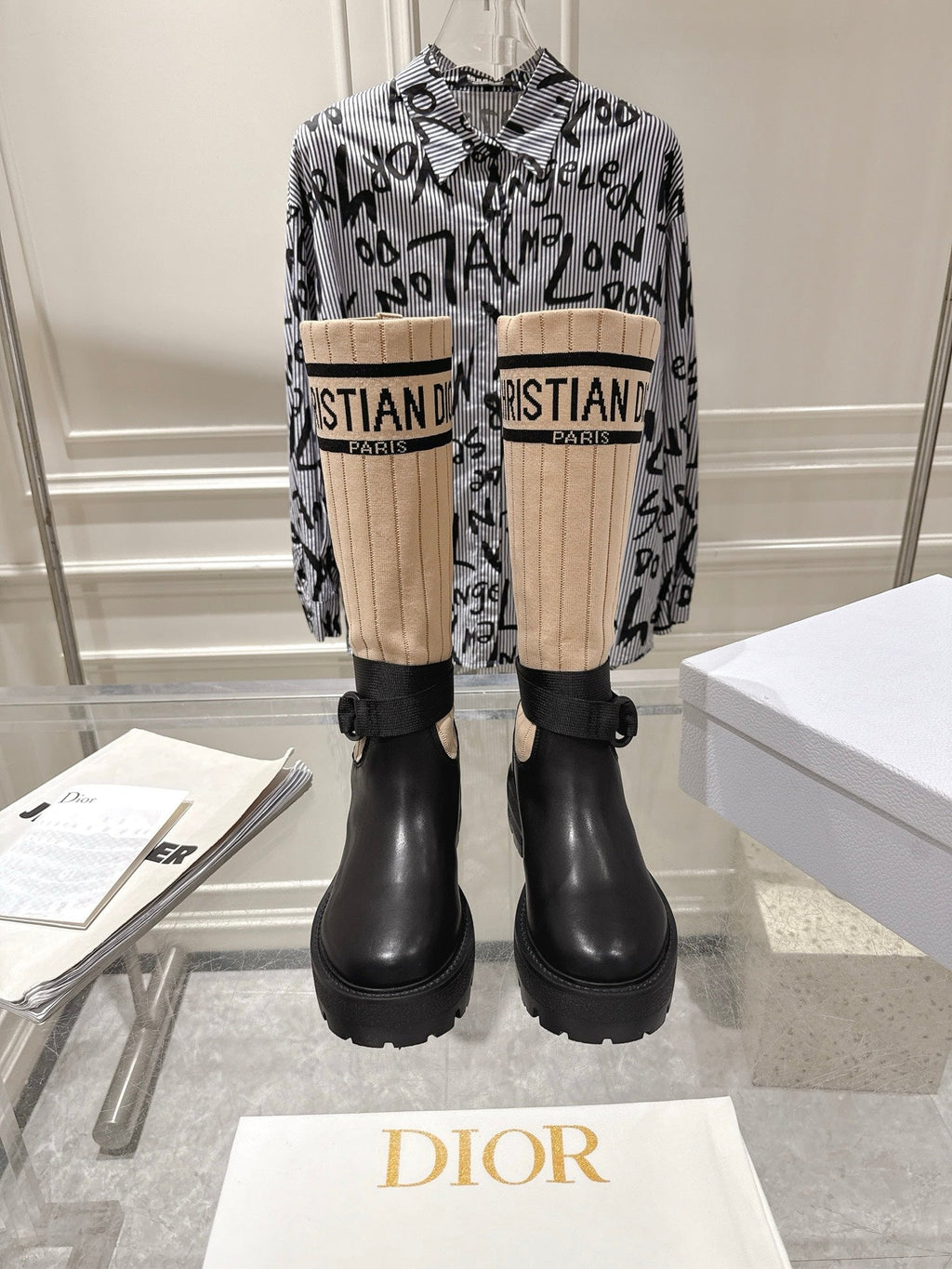 CD High Stocking Riding Boots Nude Black Cowhide 565794