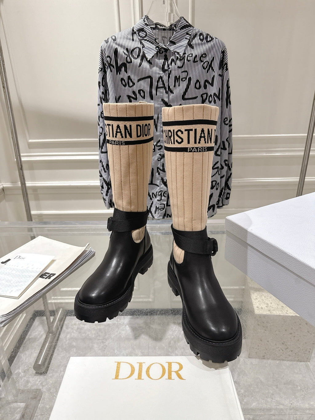 CD High Stocking Riding Boots Nude Black Cowhide 565794