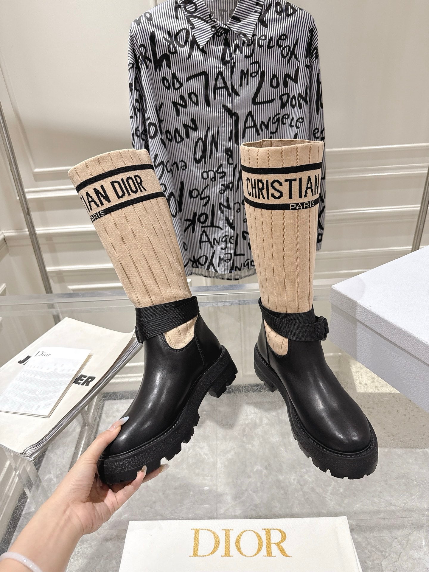 CD High Stocking Riding Boots Nude Black Cowhide 565794