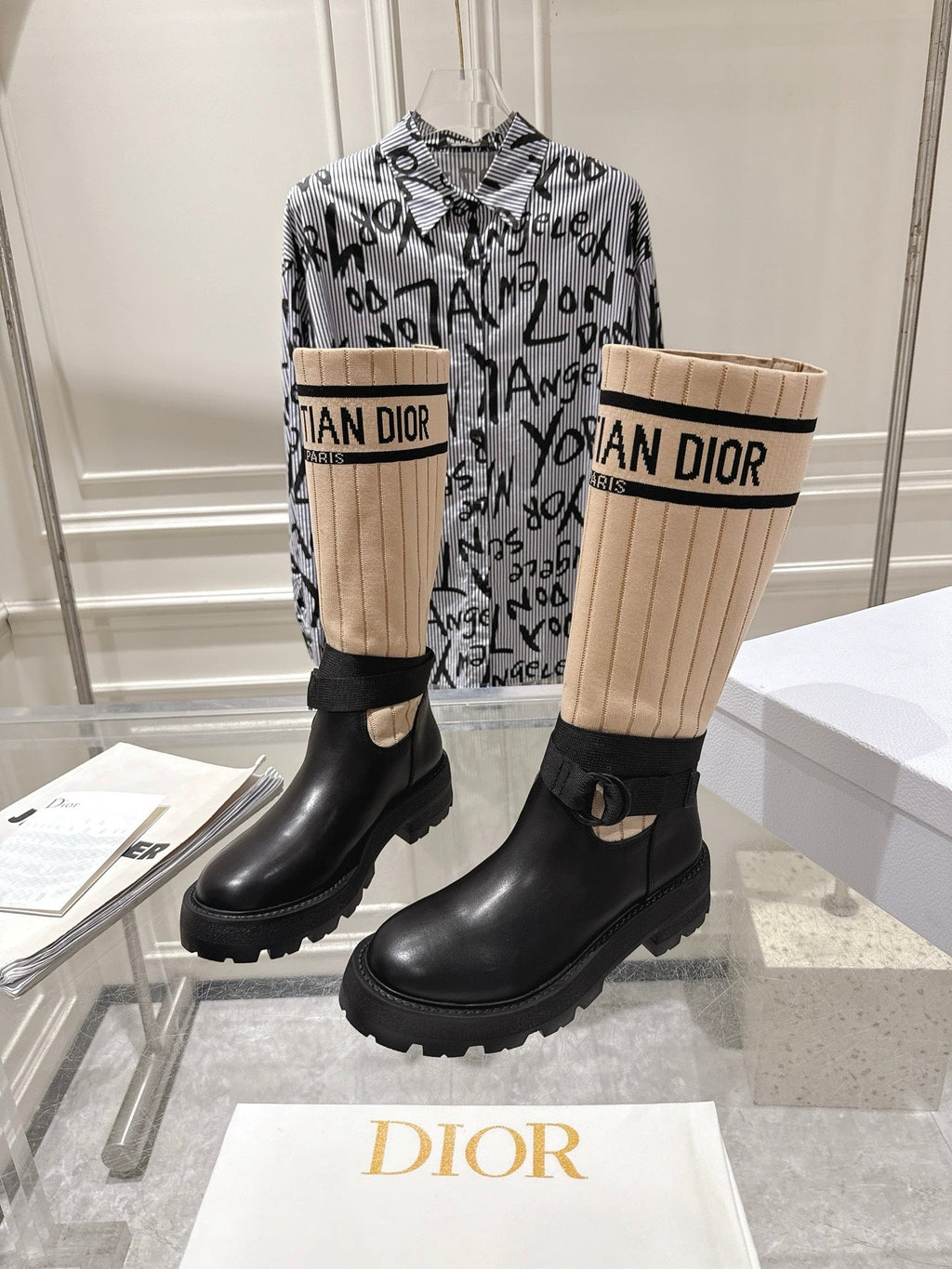 CD High Stocking Riding Boots Nude Black Cowhide 565794