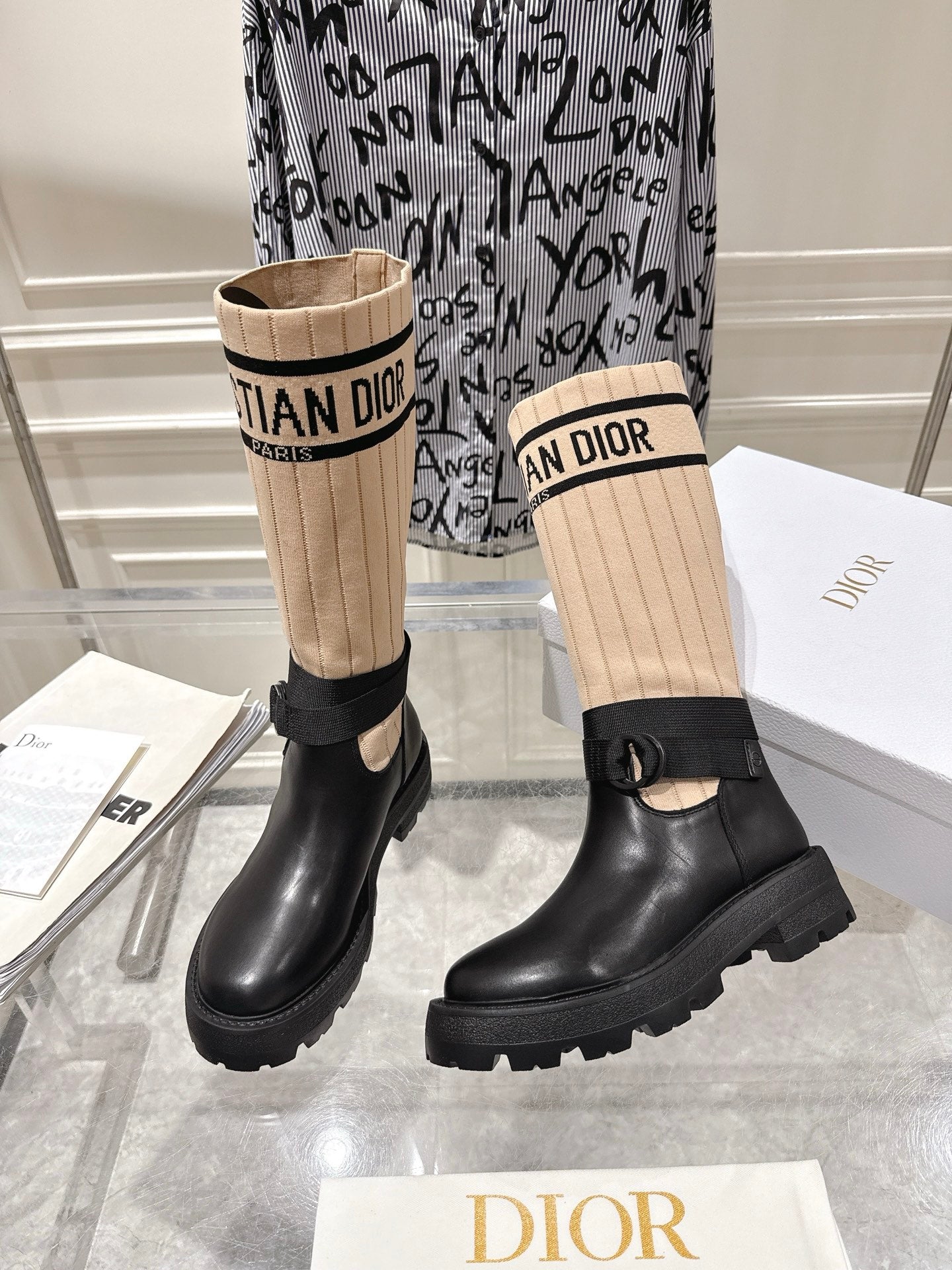 CD High Stocking Riding Boots Nude Black Cowhide 565794