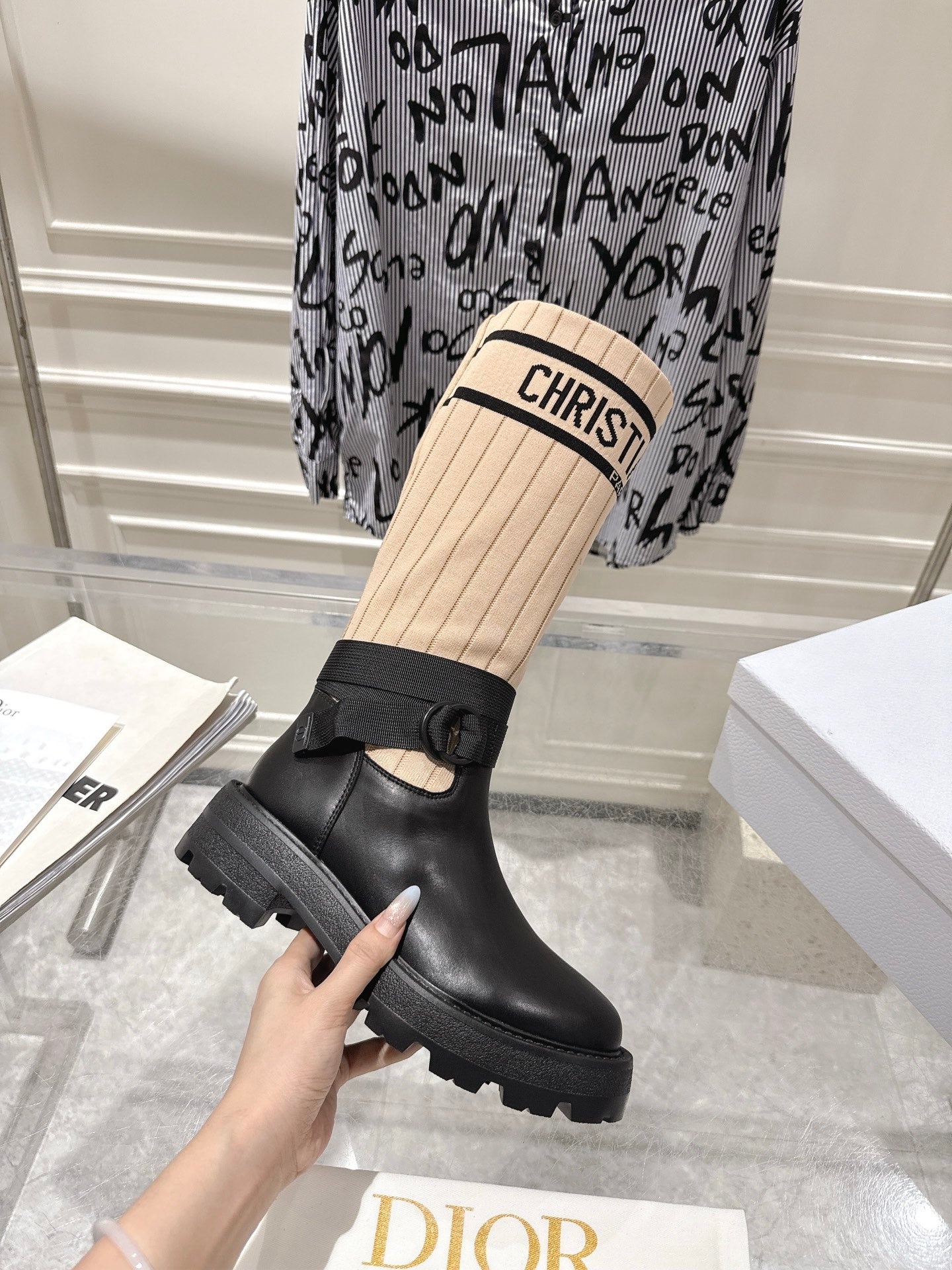 CD High Stocking Riding Boots Nude Black Cowhide 565794