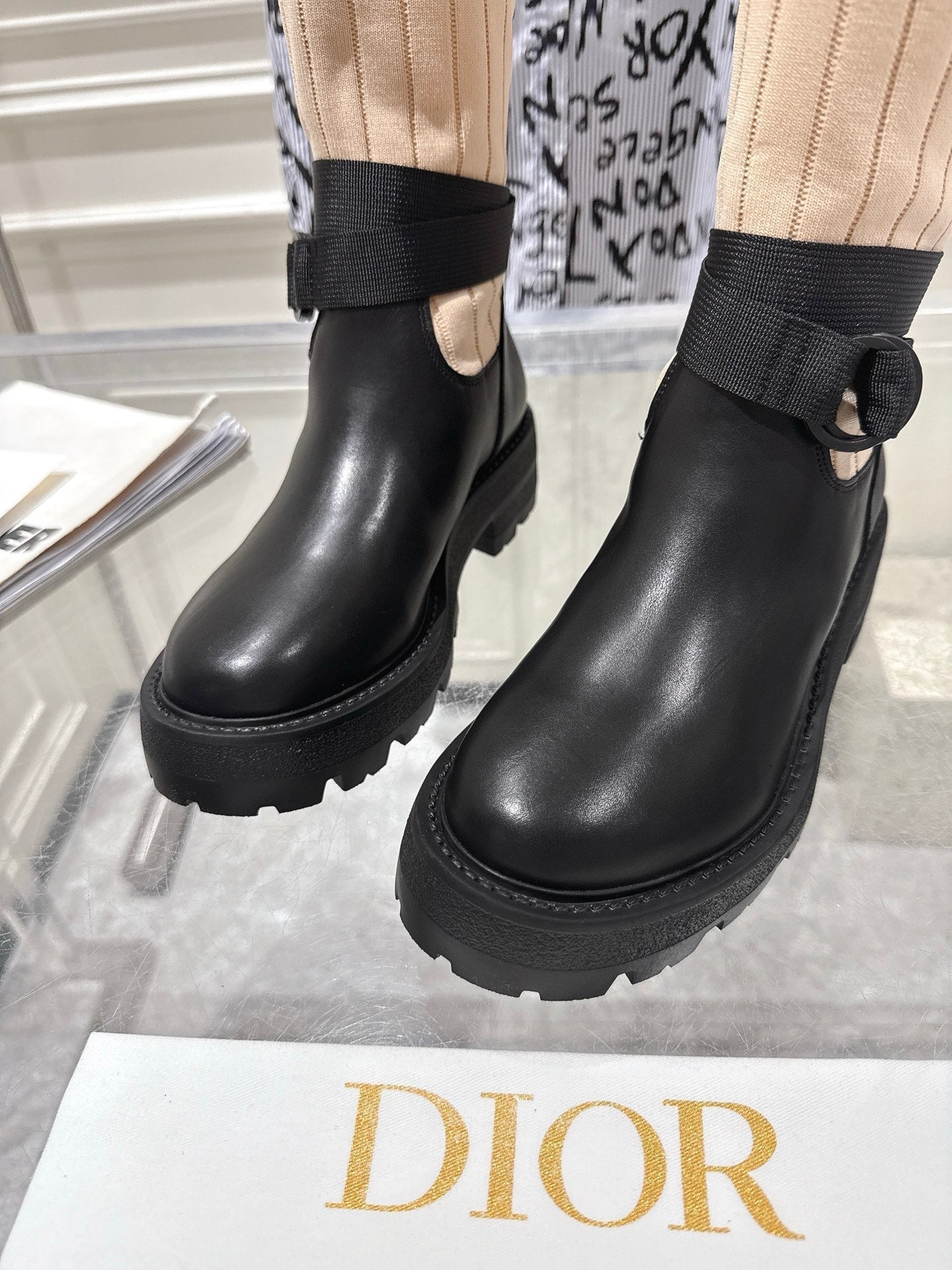 CD High Stocking Riding Boots Nude Black Cowhide 565794