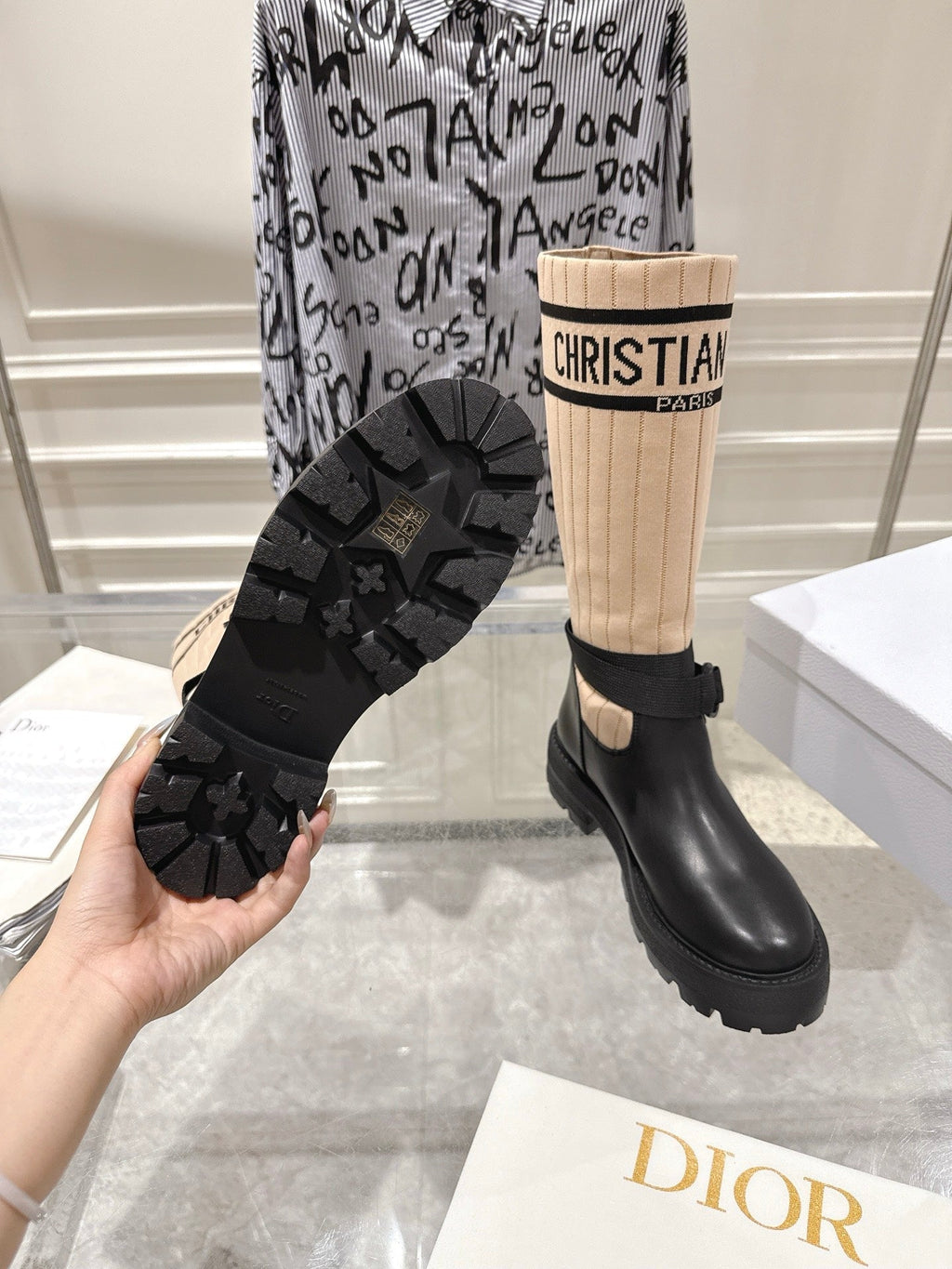 CD High Stocking Riding Boots Nude Black Cowhide 565794