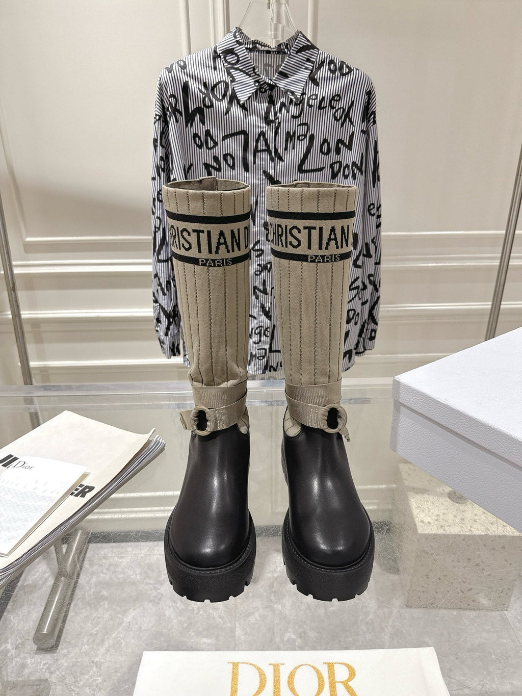 CD Hight Stocking Riding Boots Taupe Black Cowhide 565793