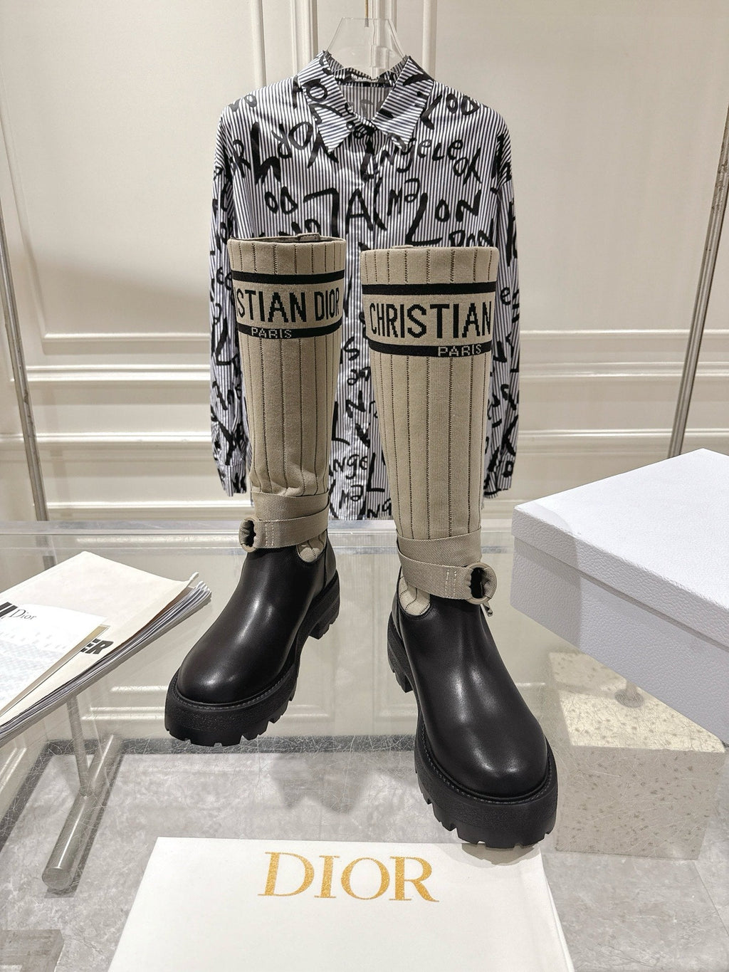 CD Hight Stocking Riding Boots Taupe Black Cowhide 565793