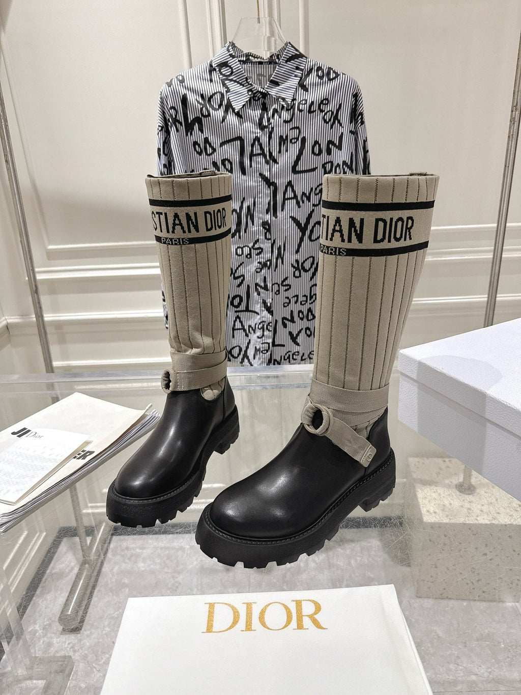 CD Hight Stocking Riding Boots Taupe Black Cowhide 565793