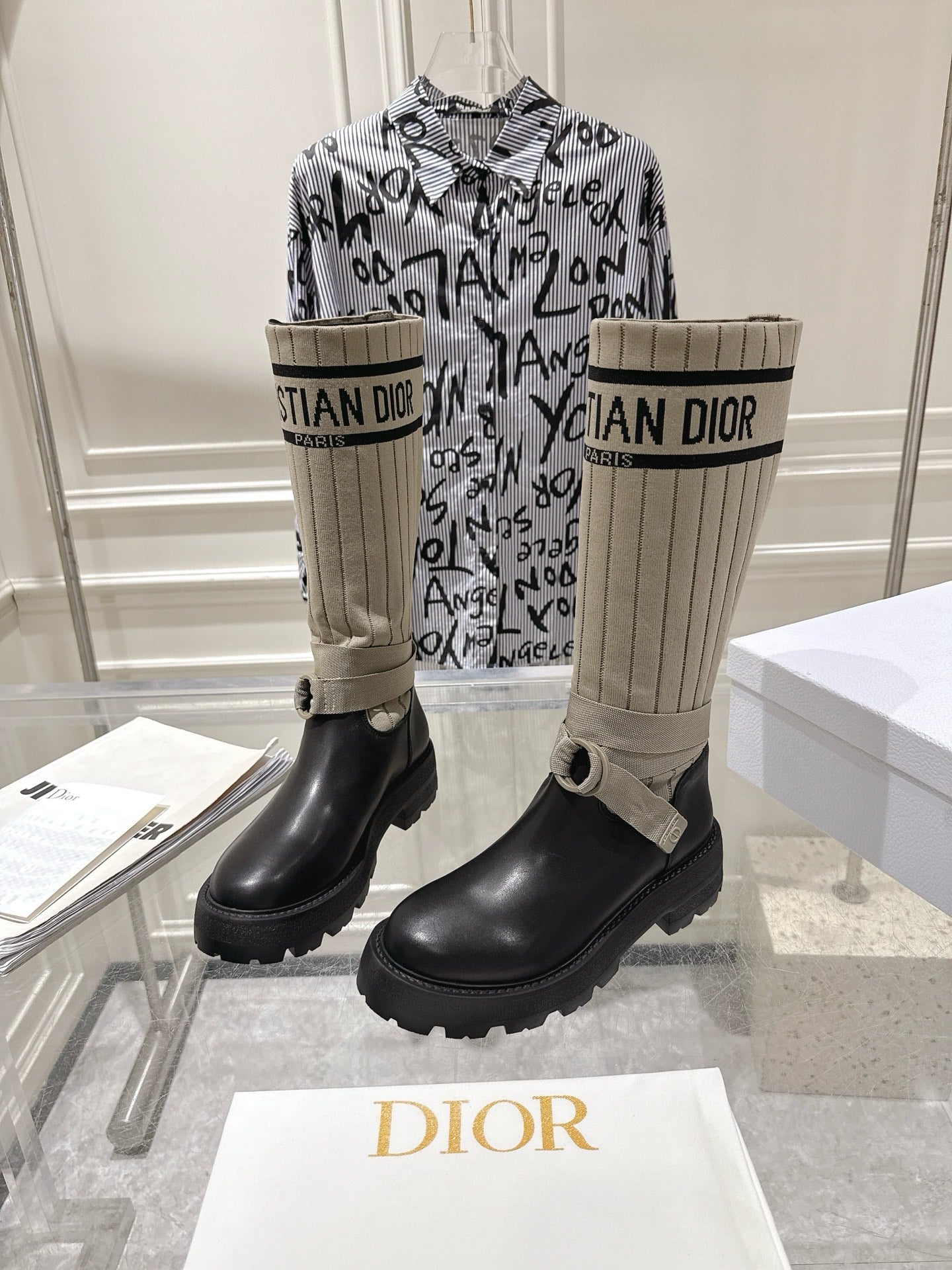 CD Hight Stocking Riding Boots Taupe Black Cowhide 565793