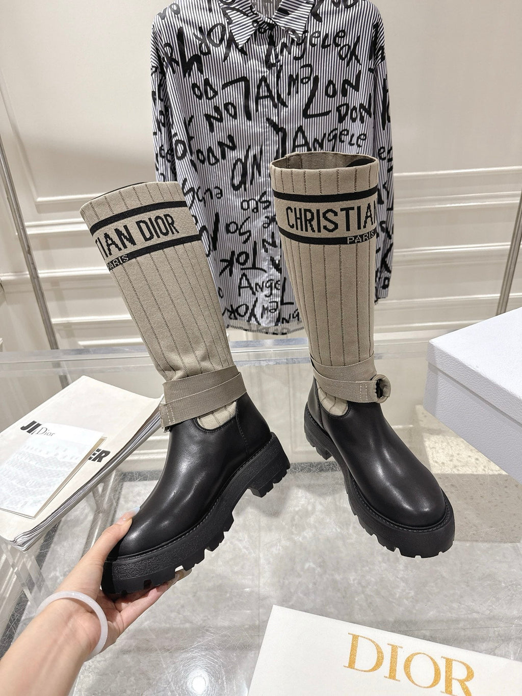 CD Hight Stocking Riding Boots Taupe Black Cowhide 565793