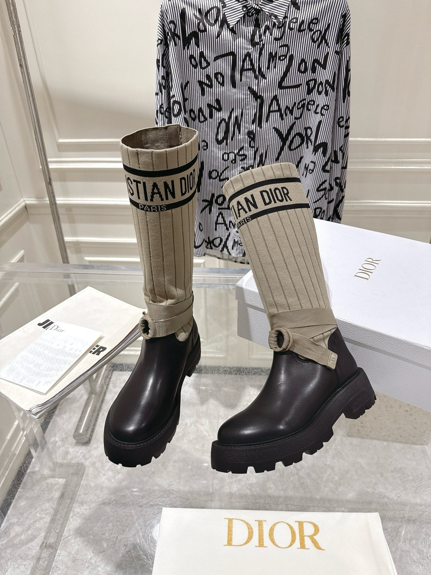 CD Hight Stocking Riding Boots Taupe Black Cowhide 565793