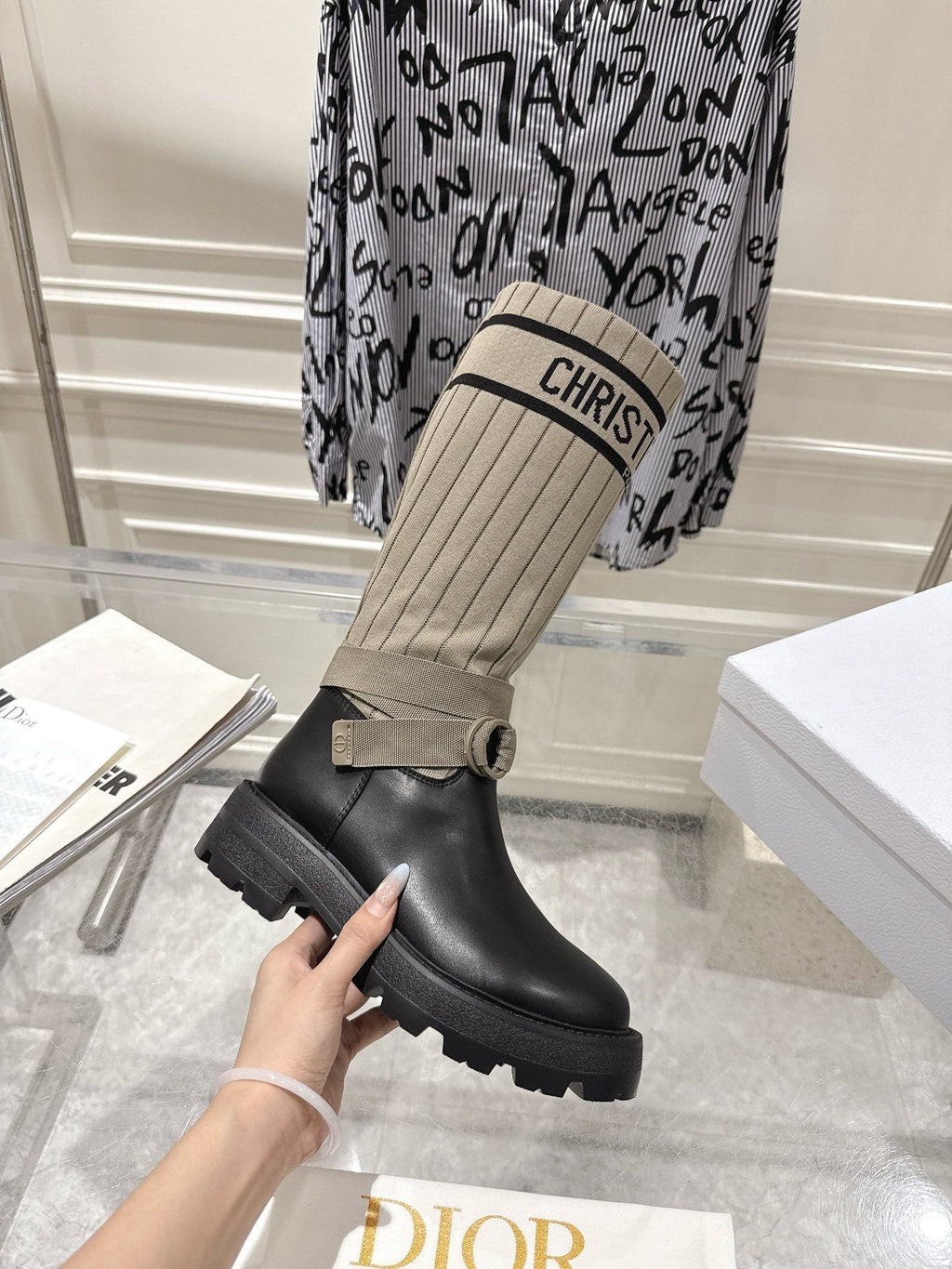 CD Hight Stocking Riding Boots Taupe Black Cowhide 565793