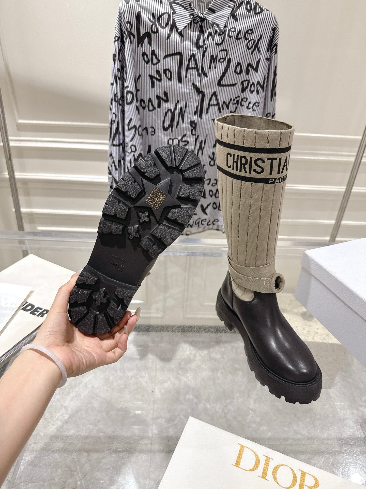 CD Hight Stocking Riding Boots Taupe Black Cowhide 565793