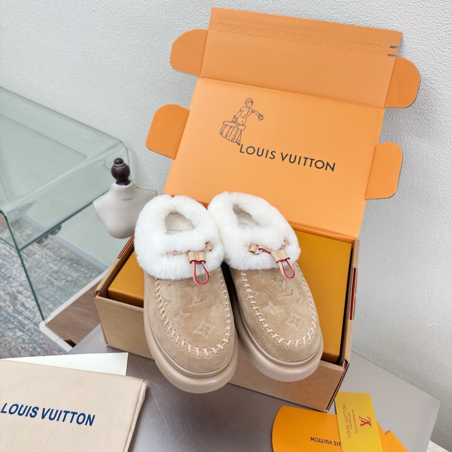 LV Lamb-lined Platform Slippers Apricot Lamb Wool Suede 566891