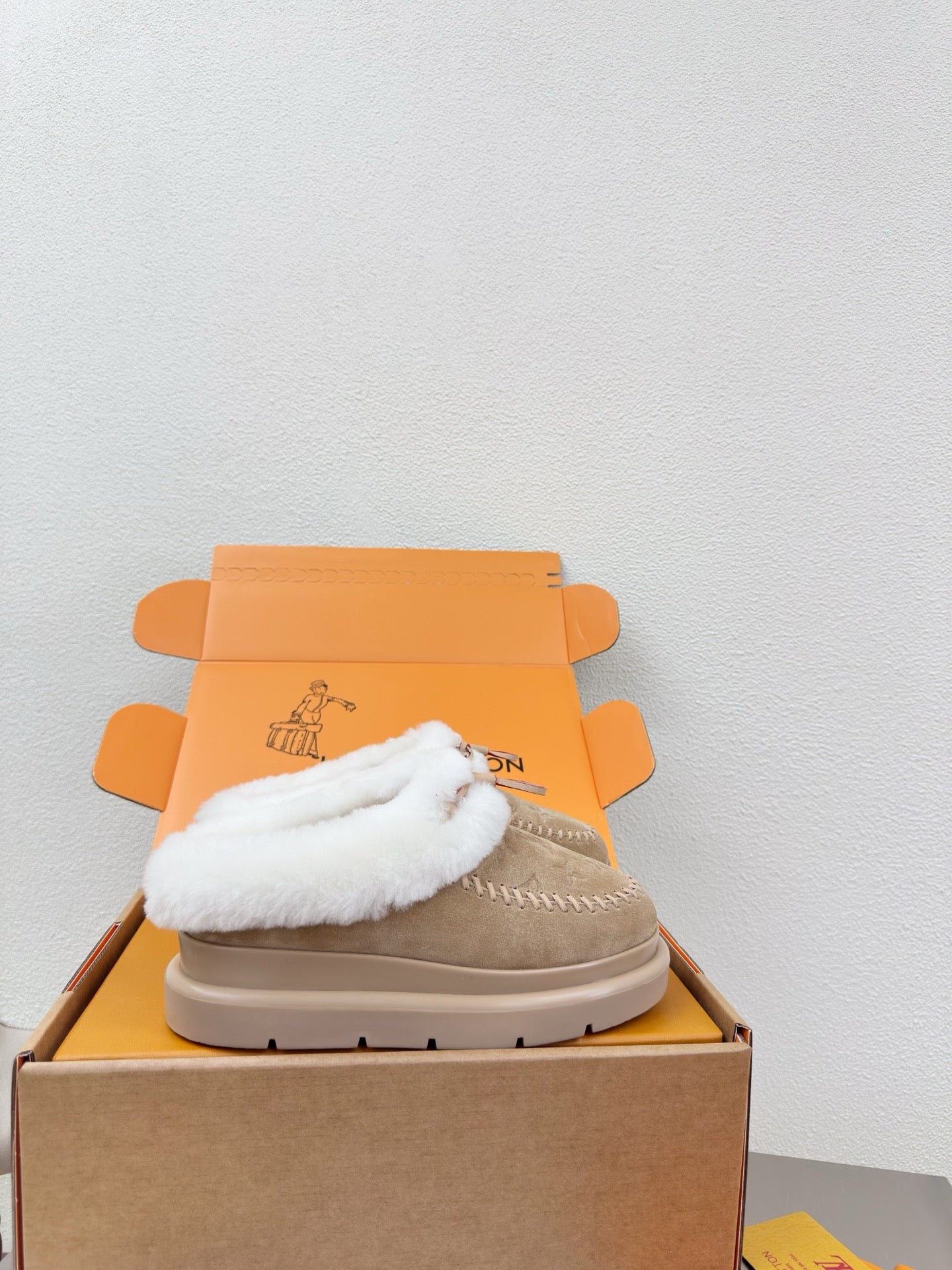 LV Lamb-lined Platform Slippers Apricot Lamb Wool Suede 566891
