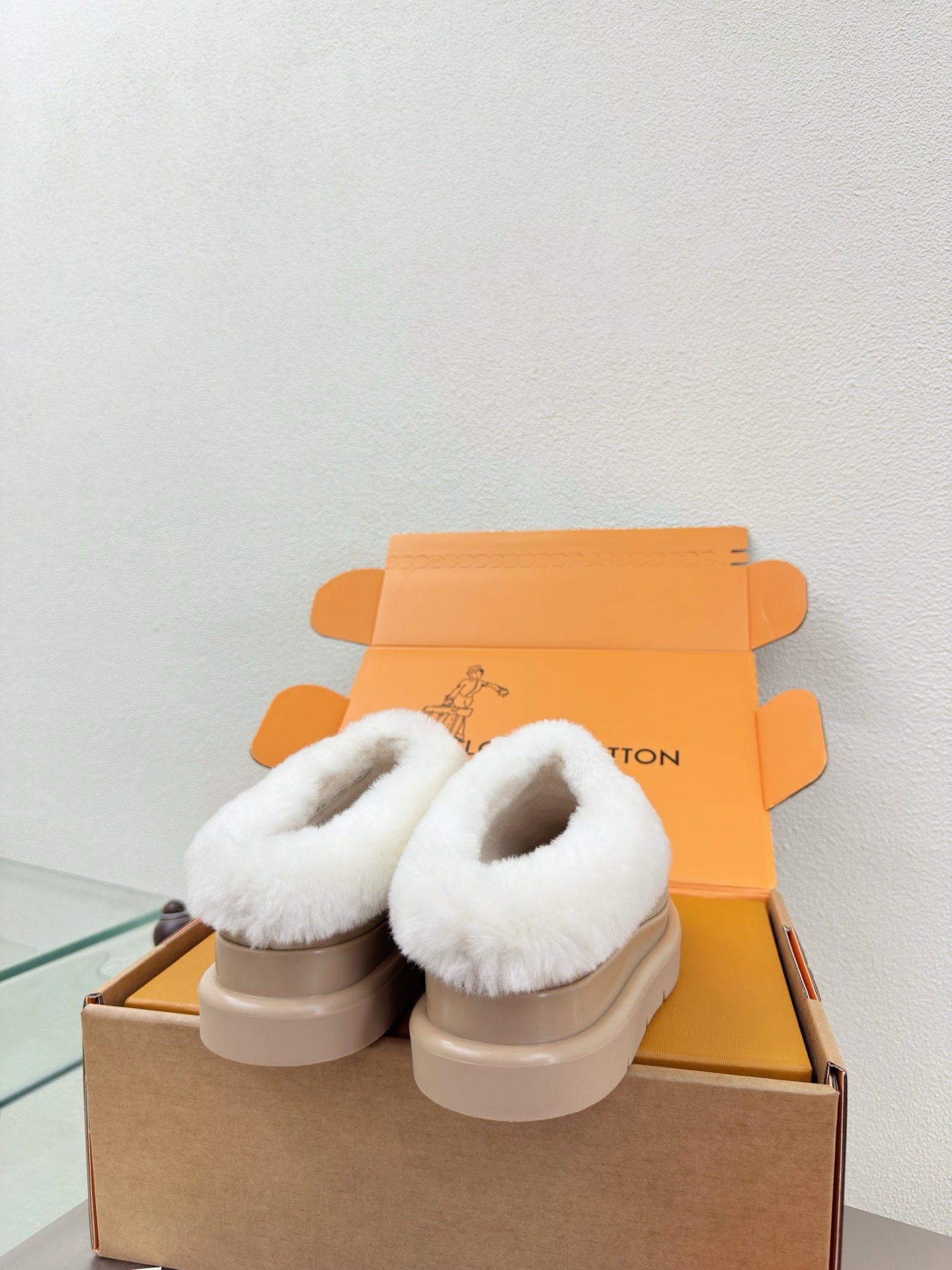 LV Lamb-lined Platform Slippers Apricot Lamb Wool Suede 566891