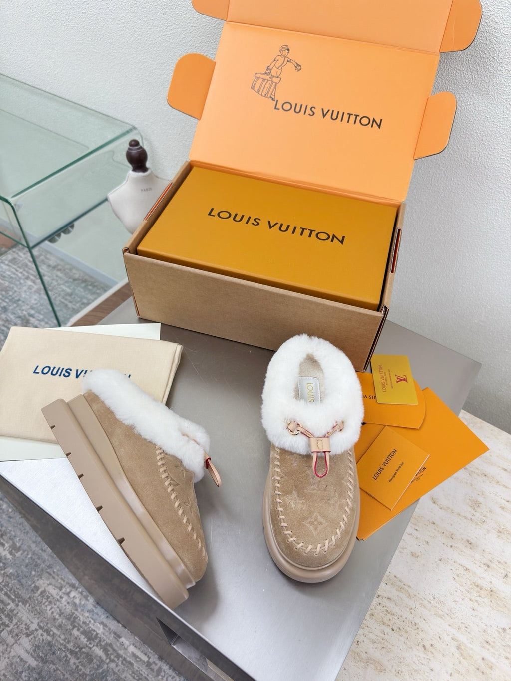 LV Lamb-lined Platform Slippers Apricot Lamb Wool Suede 566891