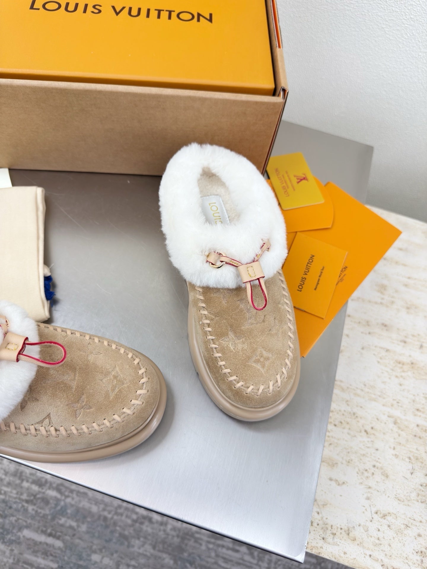 LV Lamb-lined Platform Slippers Apricot Lamb Wool Suede 566891