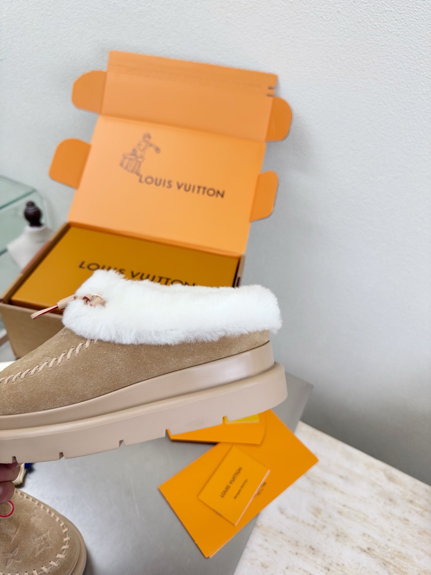 LV Lamb-lined Platform Slippers Apricot Lamb Wool Suede 566891