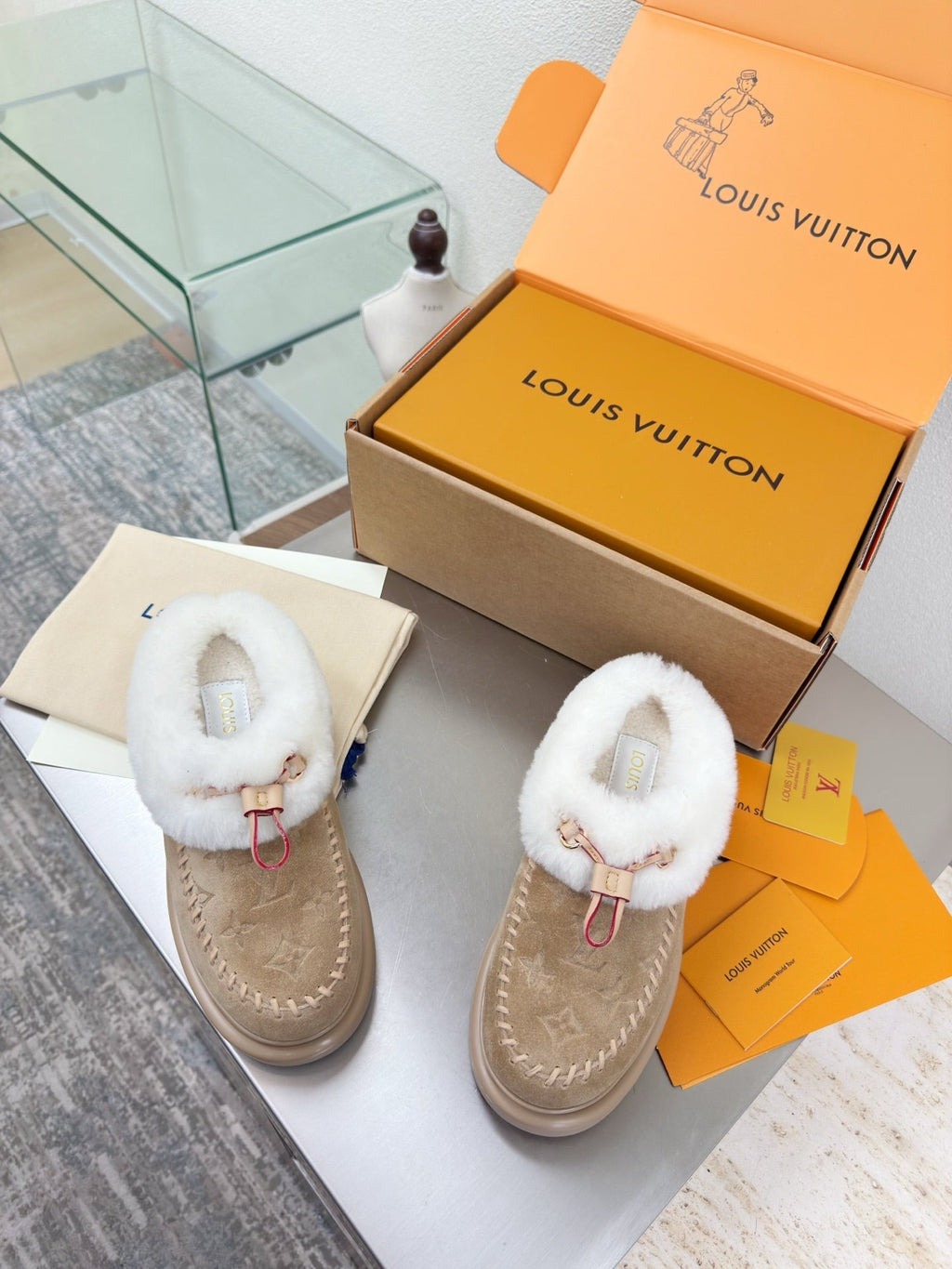 LV Lamb-lined Platform Slippers Apricot Lamb Wool Suede 566891