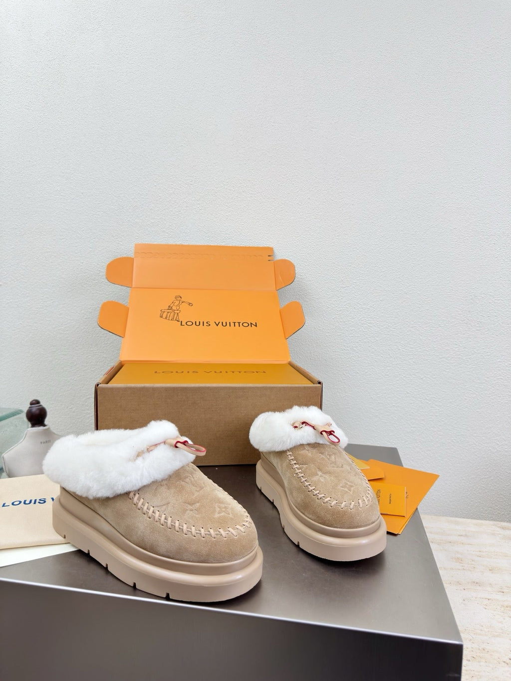 LV Lamb-lined Platform Slippers Apricot Lamb Wool Suede 566891