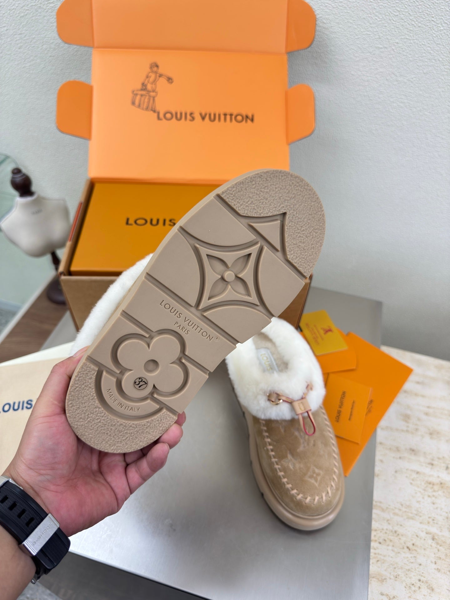 LV Lamb-lined Platform Slippers Apricot Lamb Wool Suede 566891