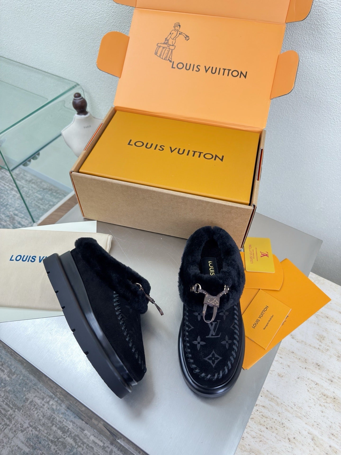 LV Lamb-lined Platform Slippers Black Lamb Wool Suede 566892