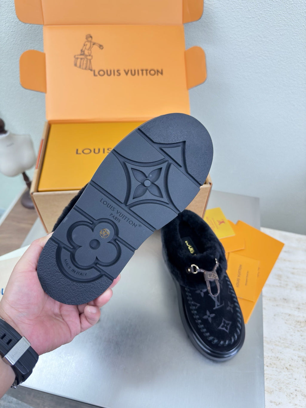 LV Lamb-lined Platform Slippers Black Lamb Wool Suede 566892