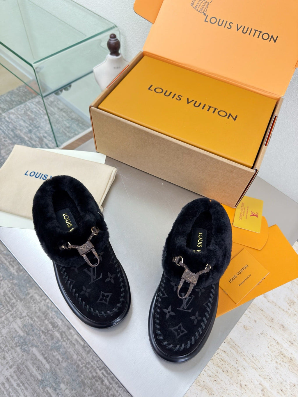 LV Lamb-lined Platform Slippers Black Lamb Wool Suede 566892