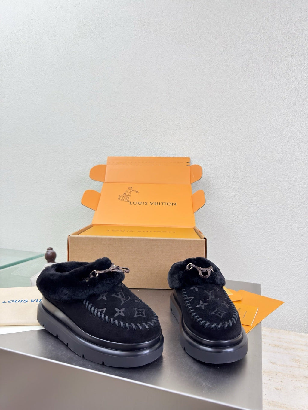 LV Lamb-lined Platform Slippers Black Lamb Wool Suede 566892