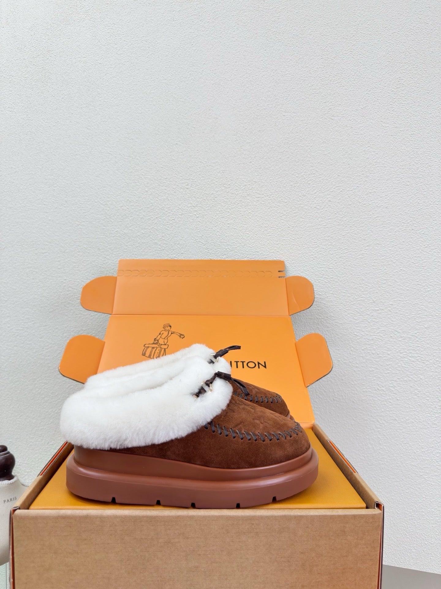 LV Lamb-lined Platform Slippers Dark Brown Lamb Wool Suede 566893