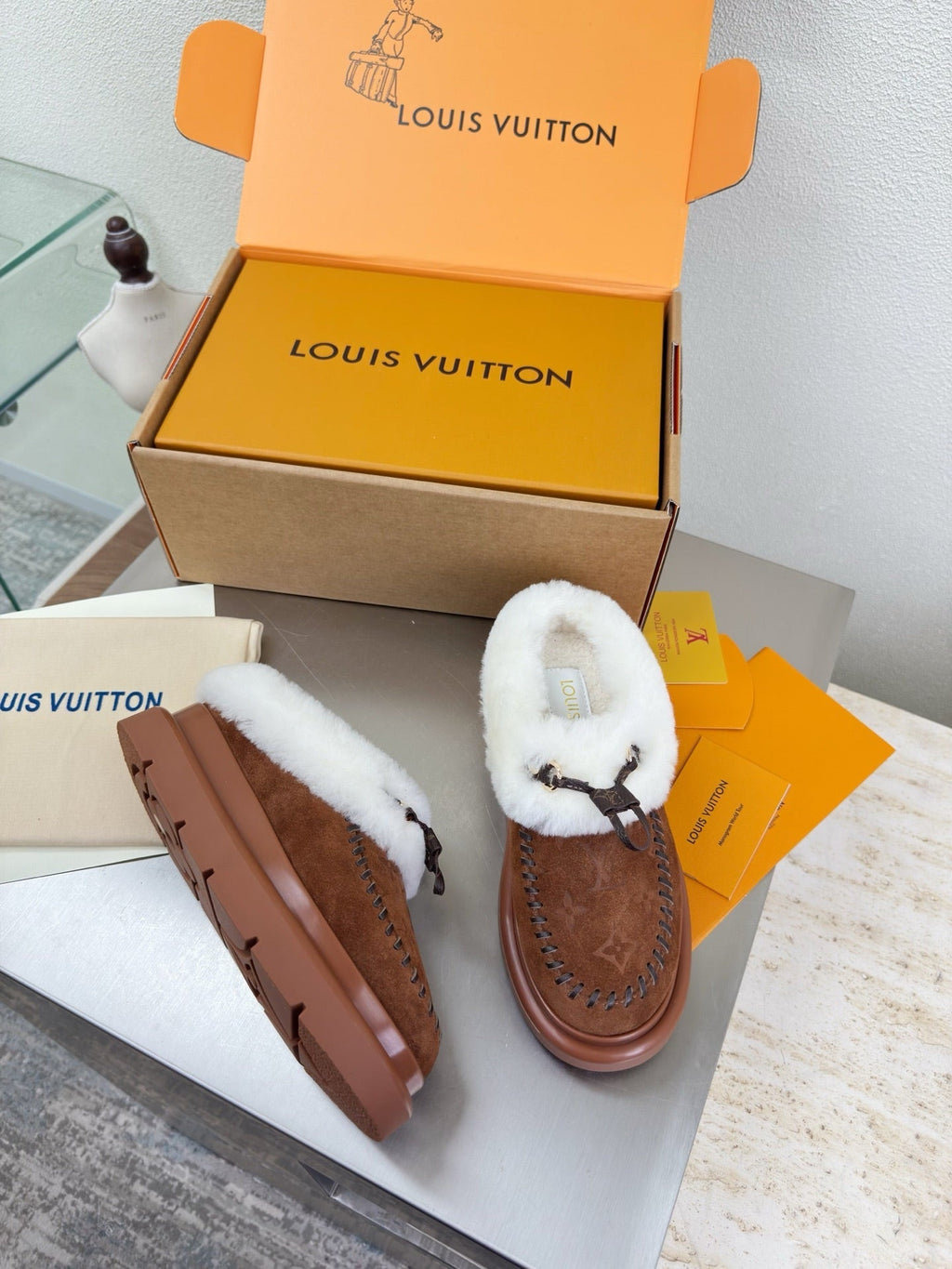 LV Lamb-lined Platform Slippers Dark Brown Lamb Wool Suede 566893