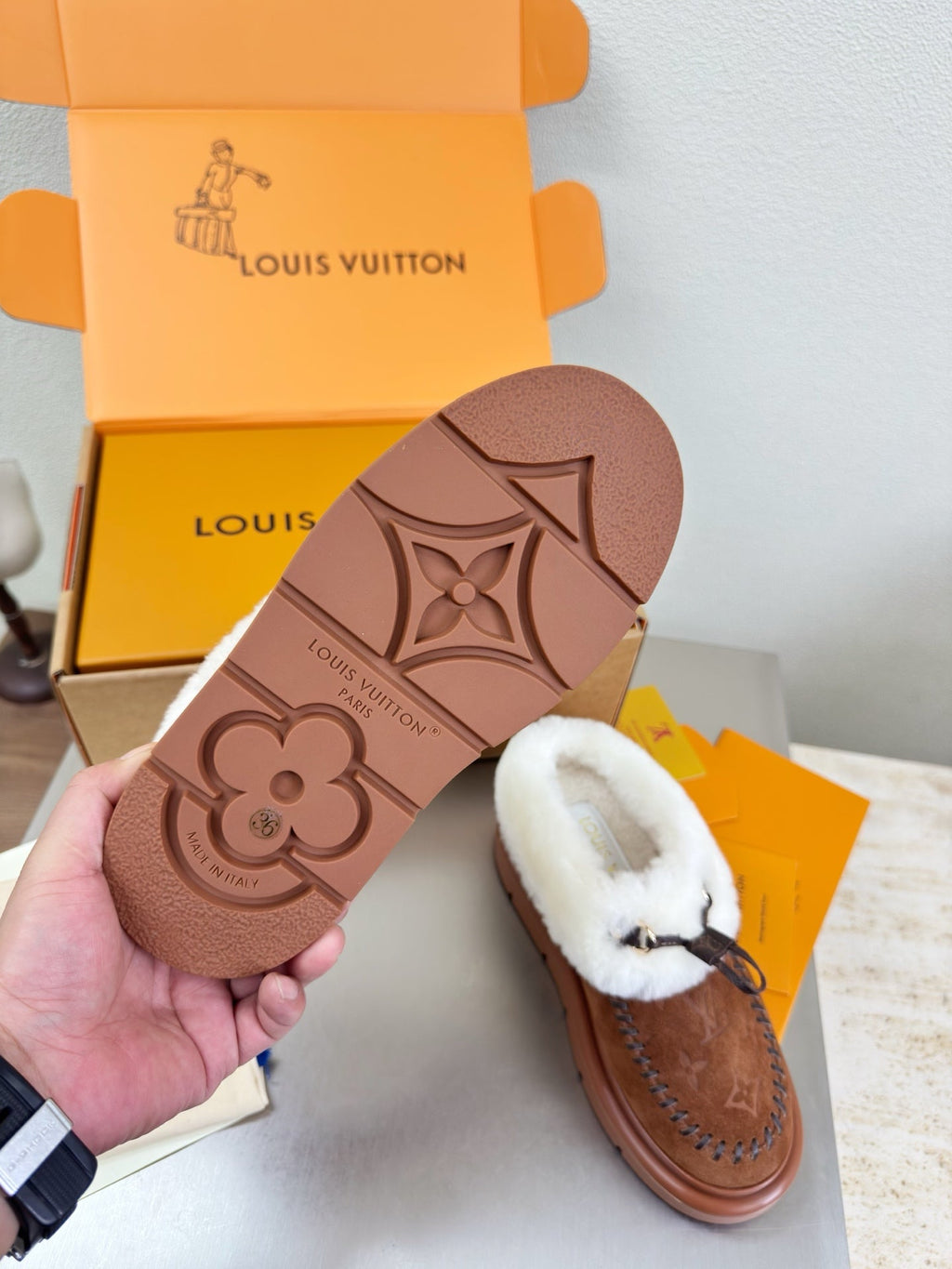 LV Lamb-lined Platform Slippers Dark Brown Lamb Wool Suede 566893