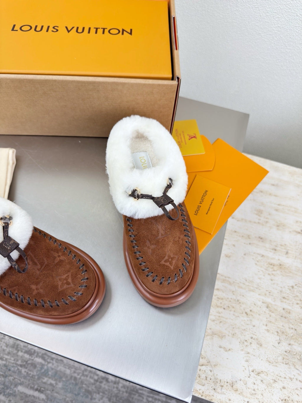 LV Lamb-lined Platform Slippers Dark Brown Lamb Wool Suede 566893