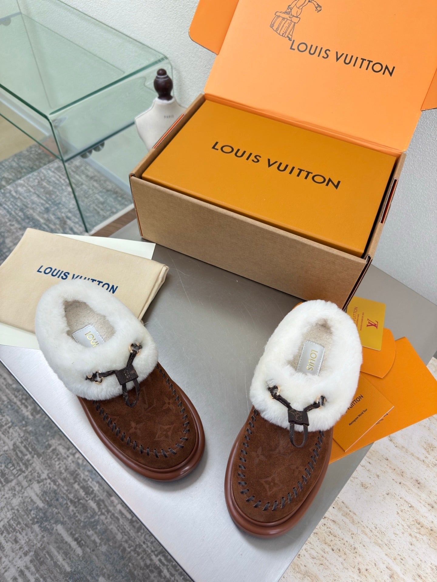 LV Lamb-lined Platform Slippers Dark Brown Lamb Wool Suede 566893
