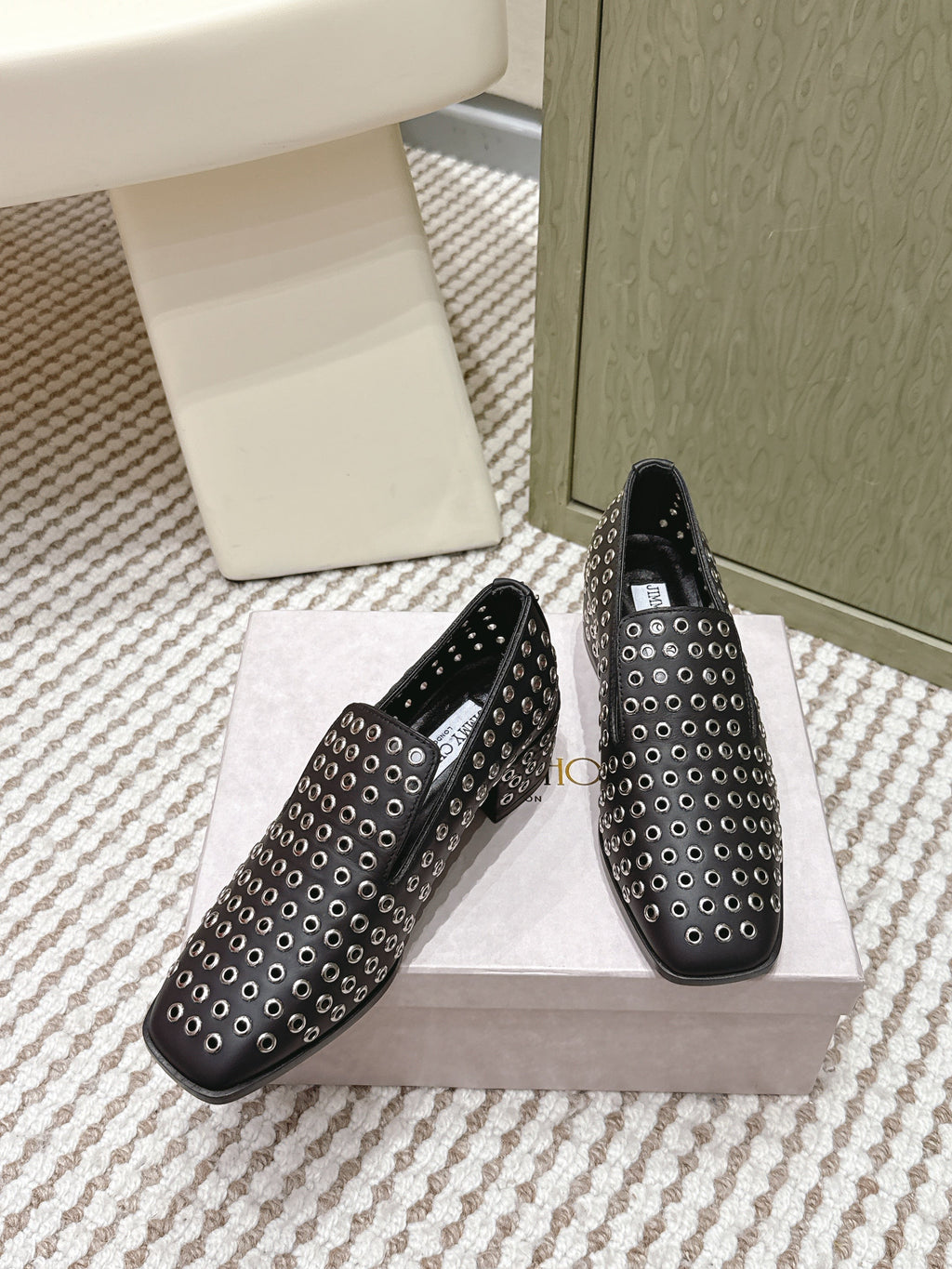 Jimmy Choo Eliot Slippers 45mm Metallic Eyelets Black Calfskin 568494