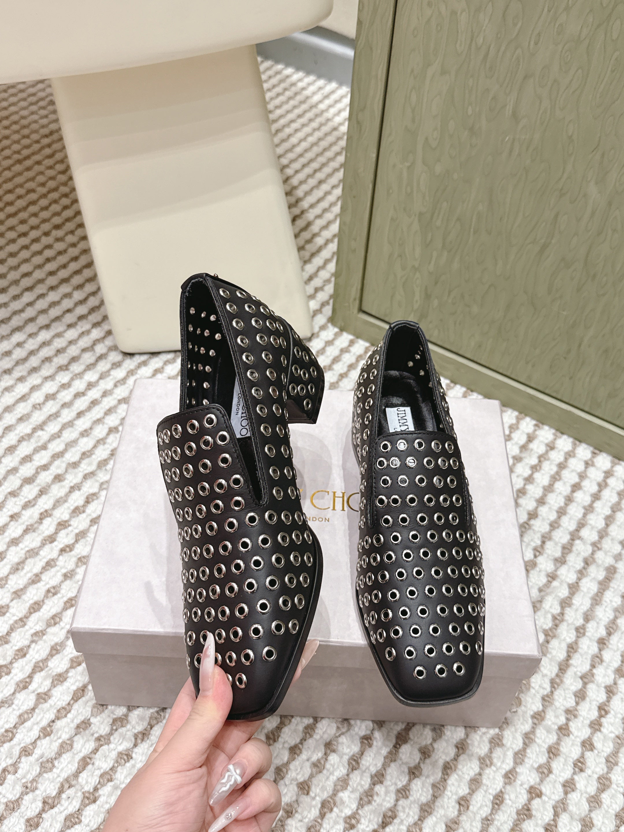 Jimmy Choo Eliot Slippers 45mm Metallic Eyelets Black Calfskin 568494