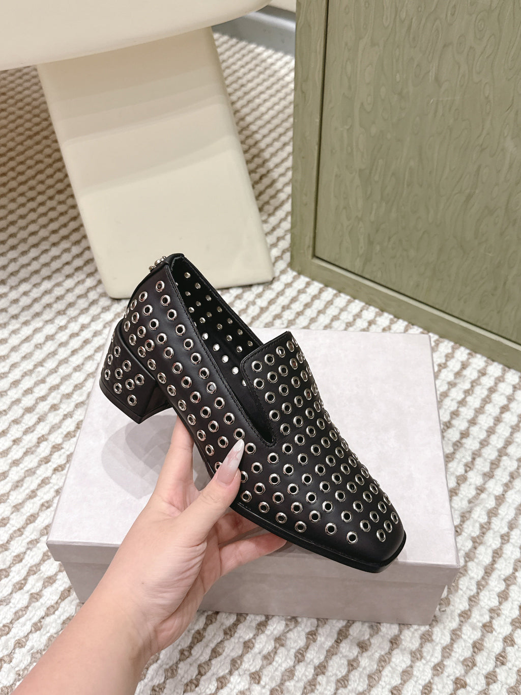 Jimmy Choo Eliot Slippers 45mm Metallic Eyelets Black Calfskin 568494