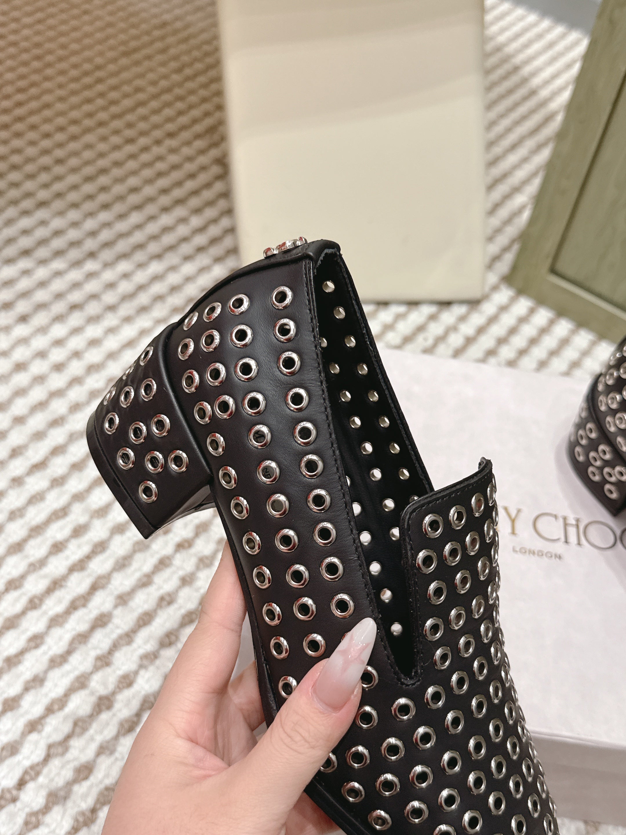 Jimmy Choo Eliot Slippers 45mm Metallic Eyelets Black Calfskin 568494