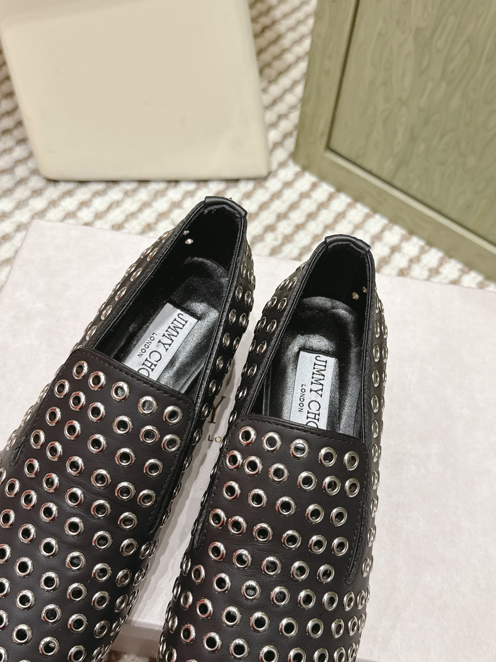 Jimmy Choo Eliot Slippers 45mm Metallic Eyelets Black Calfskin 568494