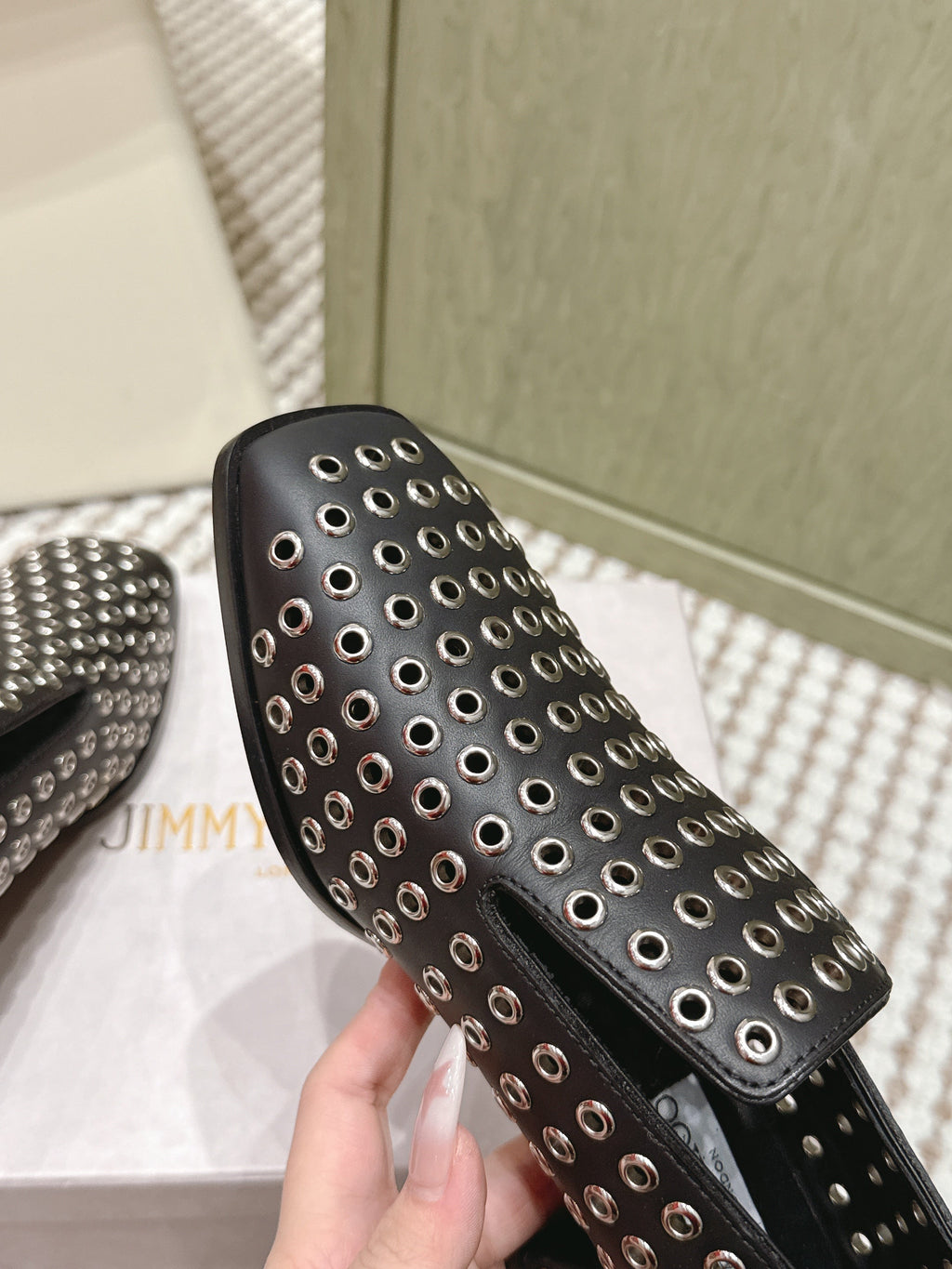 Jimmy Choo Eliot Slippers 45mm Metallic Eyelets Black Calfskin 568494