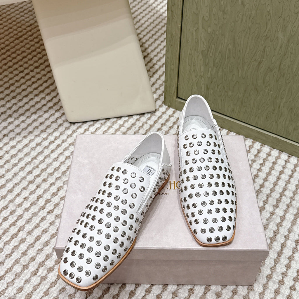 Jimmy Choo Eliot flat Slippers Metallic Eyelets White Calfskin 568493