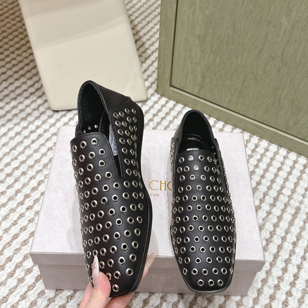 Jimmy Choo Eliot flat Slippers Metallic Eyelets Black Calfskin 568492