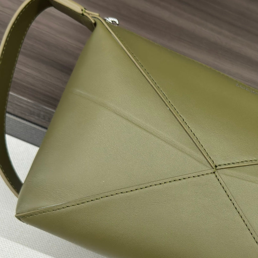 Loewe Puzzle Fold 22cm Handbag in Olive Green Glossy Calfskin 274165