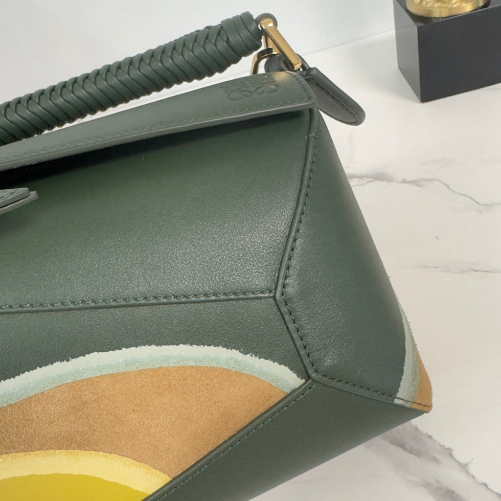 Loewe Puzzle Handbag 24 in Green mix Yellow Suede 274168