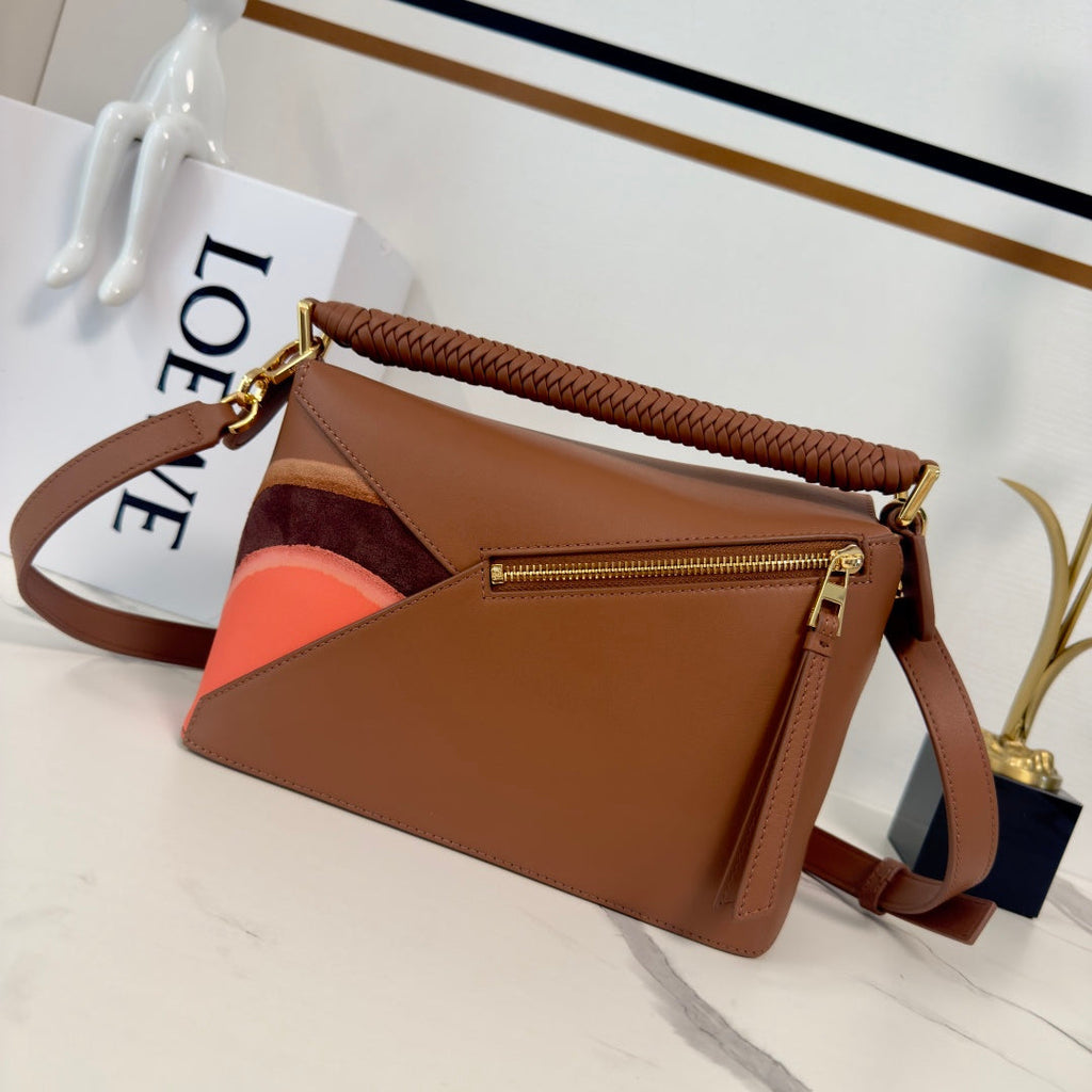 Loewe Puzzle Handbag 24 in Pecan/Parrot Pink Suede 274171