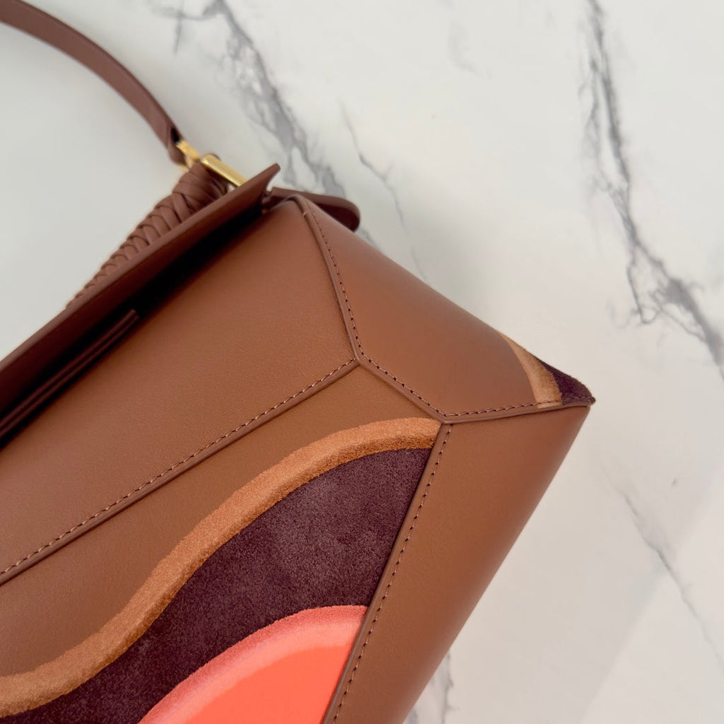 Loewe Puzzle Handbag 24 in Pecan/Parrot Pink Suede 274171