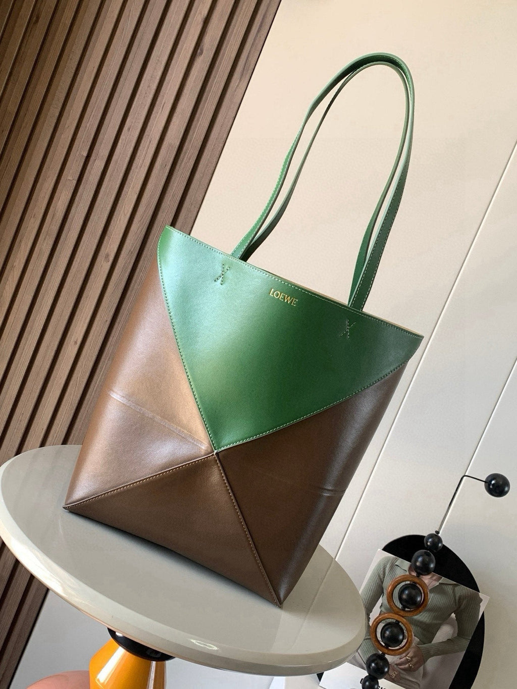 LOE 31 Medium Puzzle Fold Tote In Amber Hunter Green Glossy Cowhide 274319