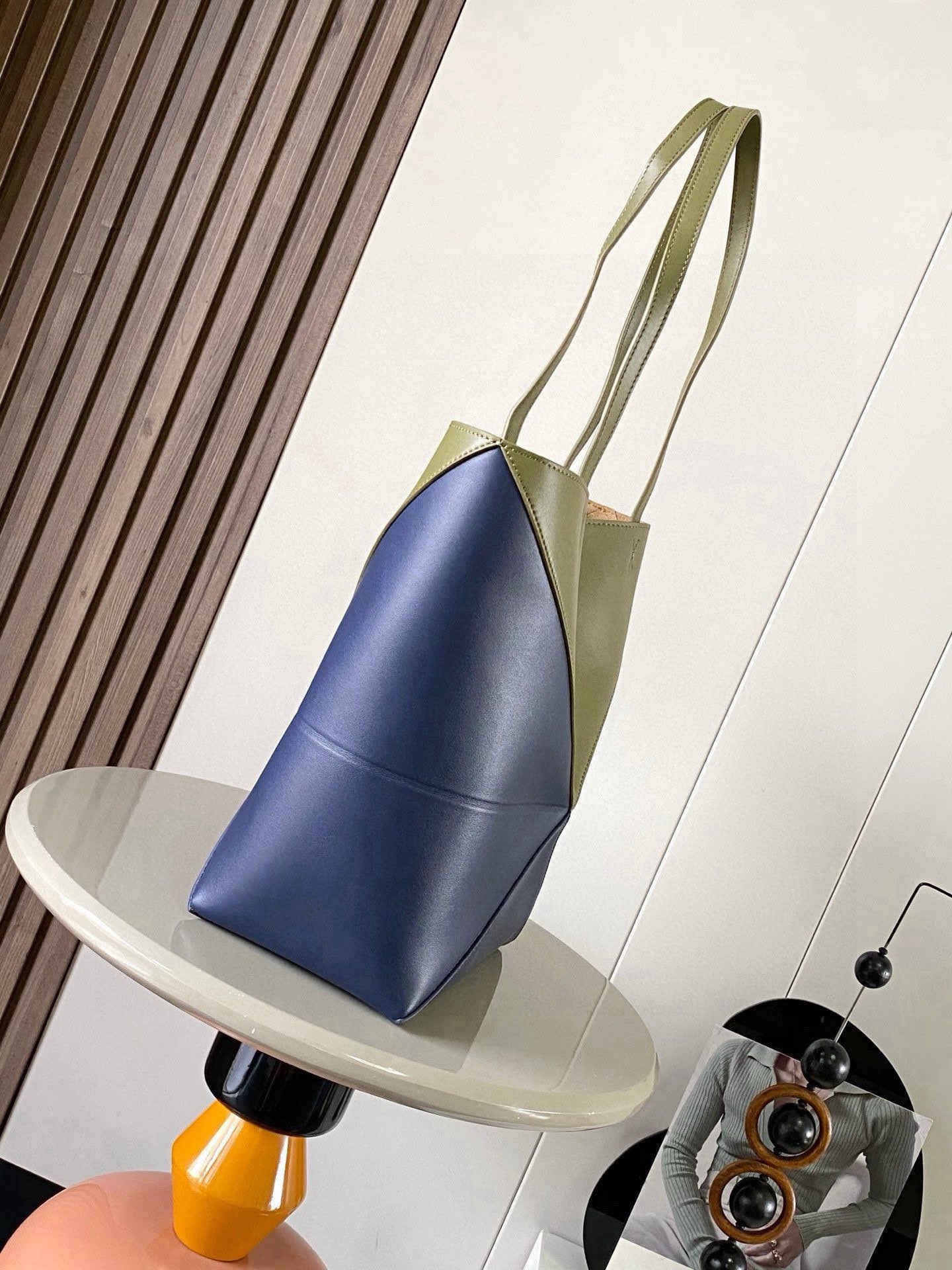 LOE 31 Medium Puzzle Fold Tote In Olive Mix Blue Glossy Cowhide 274311